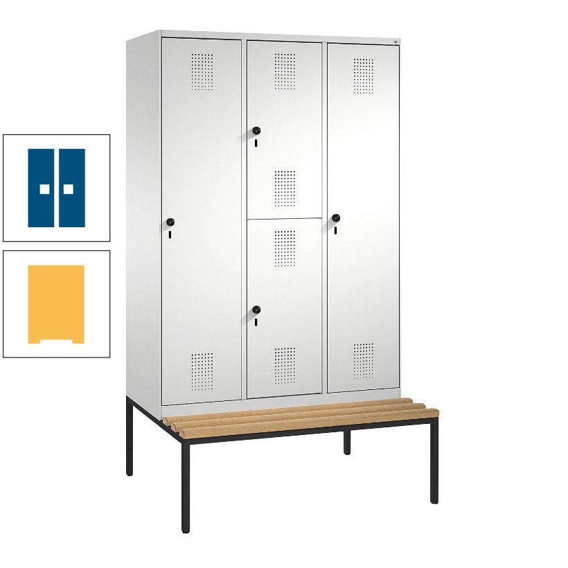 Garderobenschrank, Spind ein- und doppelstöckig Sitzbank, 3 Abteile, 4 Fächer, 2.090x1.200x500 mm (HxBxT), Front anthrazitgrau, Korpus anthrazitgrau