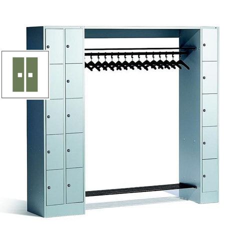 Garderobenanlage, Offene Garderobe mit Spindschrank, 15 Fächer, links/rechts, Korpus lichtgrau, Türfarbe enzianblau, 1.950 x 2.100 x 480 mm (HxBxT)