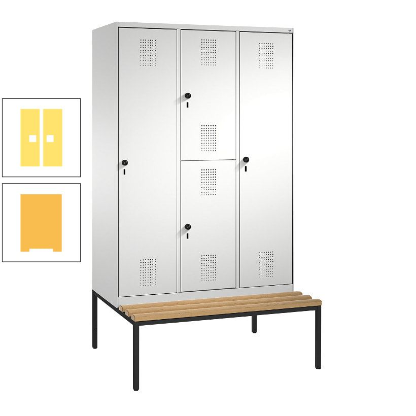 Garderobenschrank, Spind ein- und doppelstöckig Sitzbank, 3 Abteile, 4 Fächer, 2.090x1.200x500 mm (HxBxT), Front anthrazitgrau, Korpus anthrazitgrau