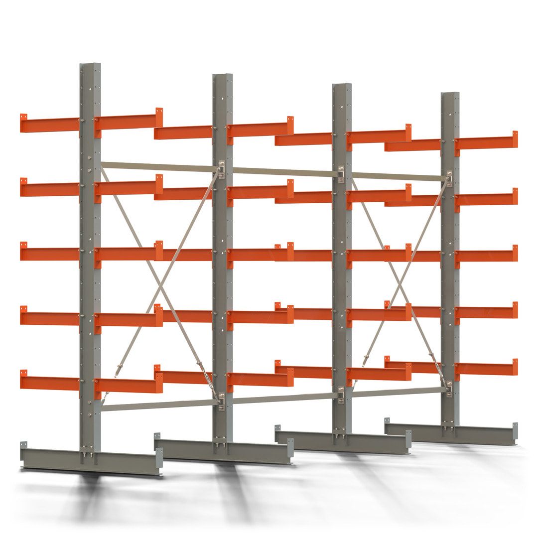 Doppelseitiges Kragarmregal, 2 Felder, 2.500 x 2.560 x 1.120 mm (HxBxT), Nutztiefe 500 mm, Kragarmlast 870 kg, KARL basic, silbergrau/reinorange