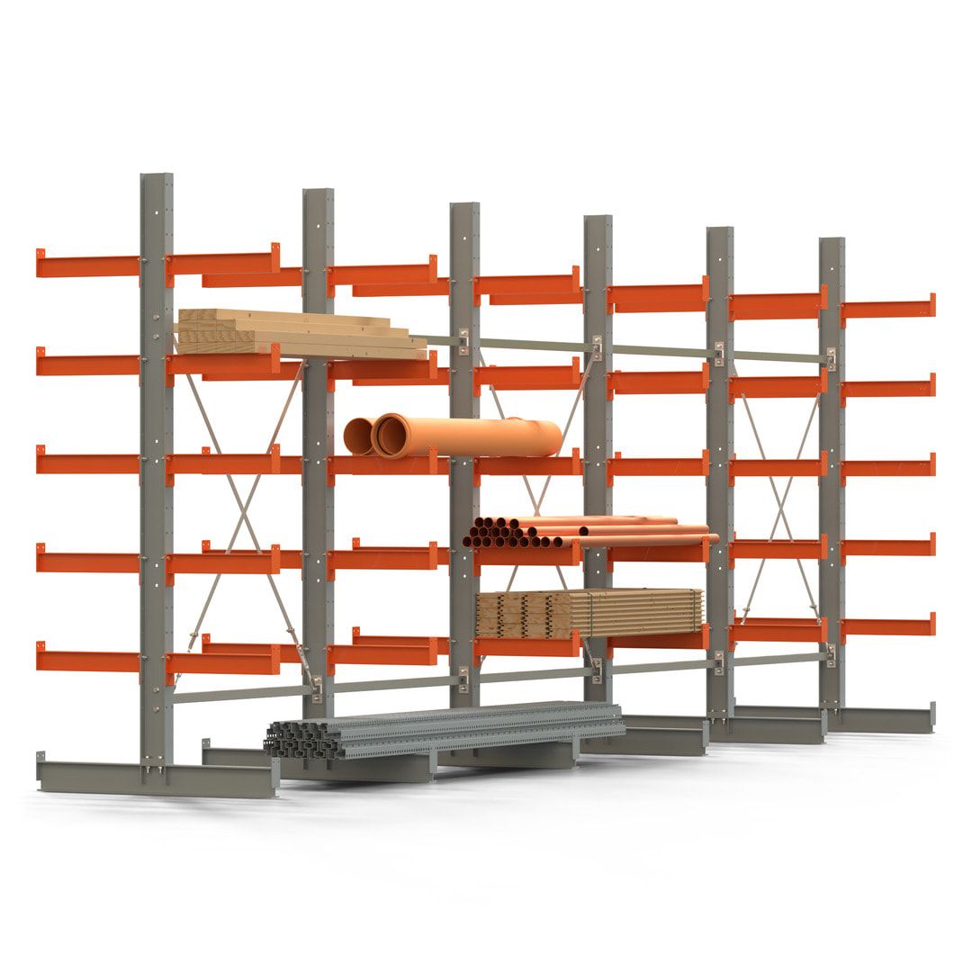 Doppelseitiges Kragarmregal, 2 Felder, 2.500 x 2.560 x 1.120 mm (HxBxT), Nutztiefe 500 mm, Kragarmlast 870 kg, KARL basic, silbergrau/reinorange