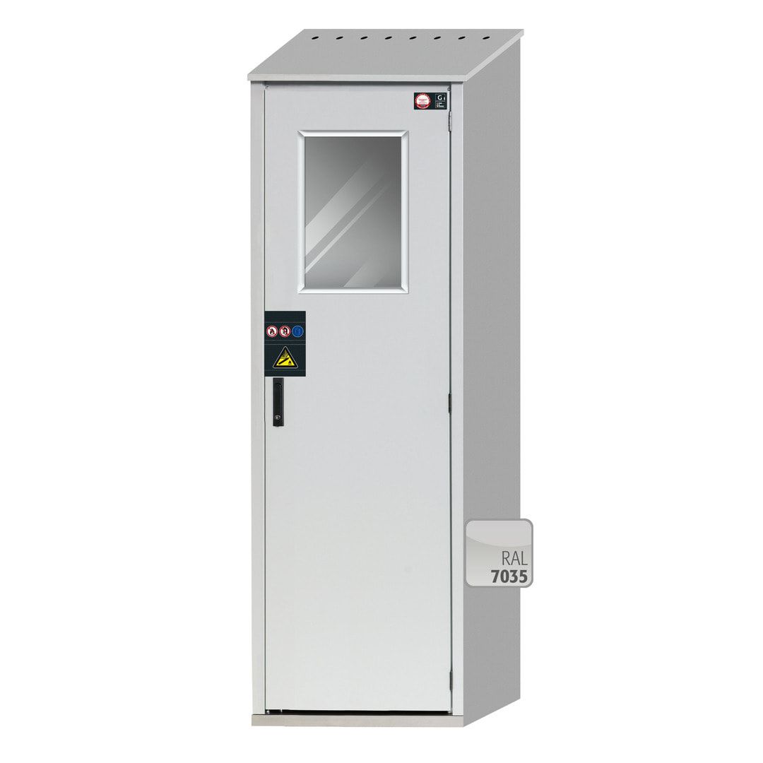 Druckgasflaschenschrank für Außenbereich, Edelstahlsockel, 2 Flaschenplätze, Tür mit Klappfenster, 2.149 x 706 x 400 mm (HxBxT), Farbe lichtgrau