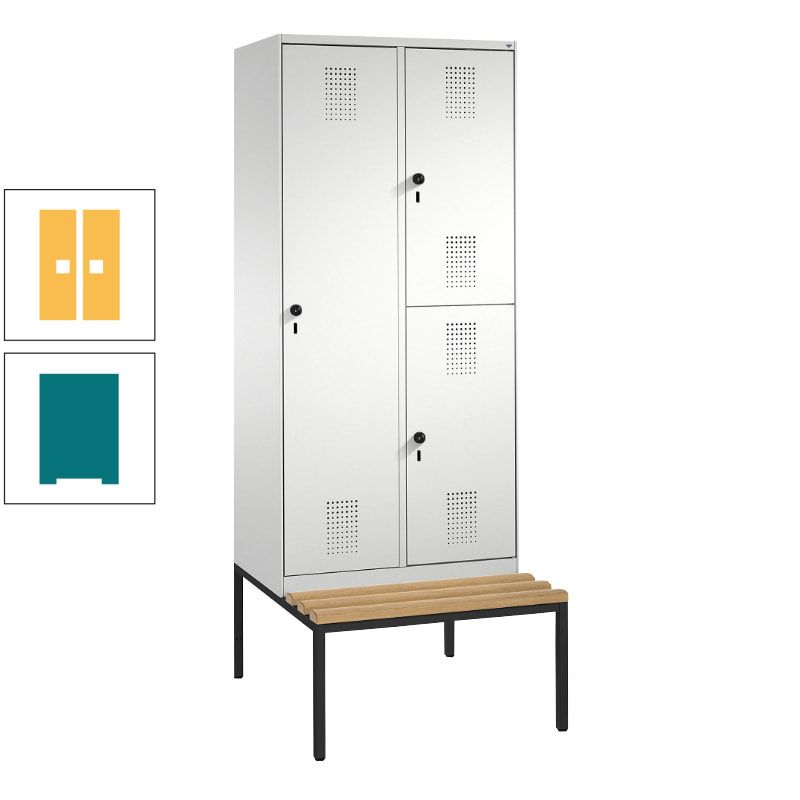 Garderobenschrank, Spind ein- und doppelstöckig Sitzbank, 2 Abteile, 3 Fächer, 2.090 x 800 x 500 mm (HxBxT), Front anthrazitgrau, Korpus anthrazitgrau