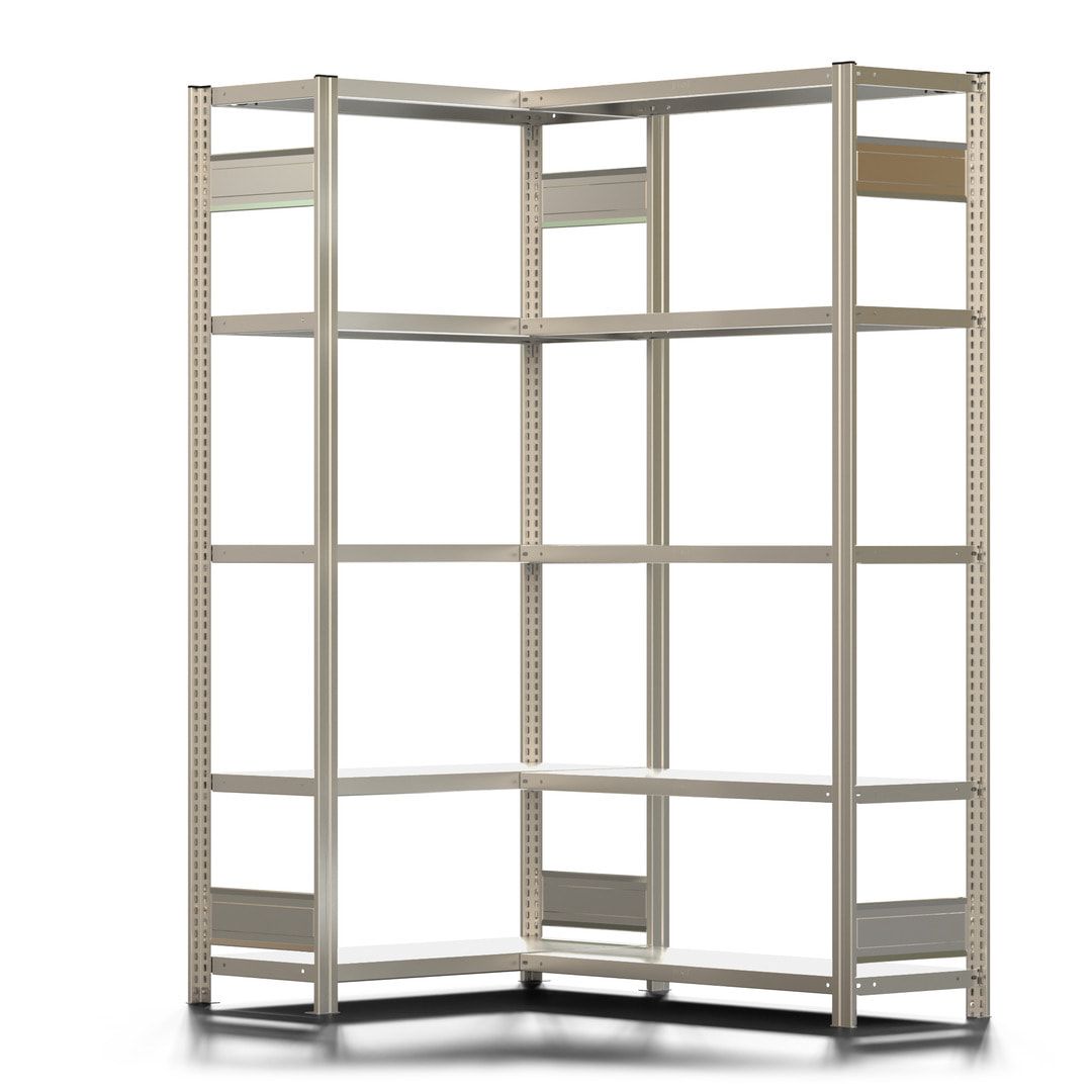 Eckregal mit 5 Stahlfachböden - 150 kg - 2.000 x 1.331 x 1.061 mm (HxBxT) - verzinkt - Fachbodenregal - BERT