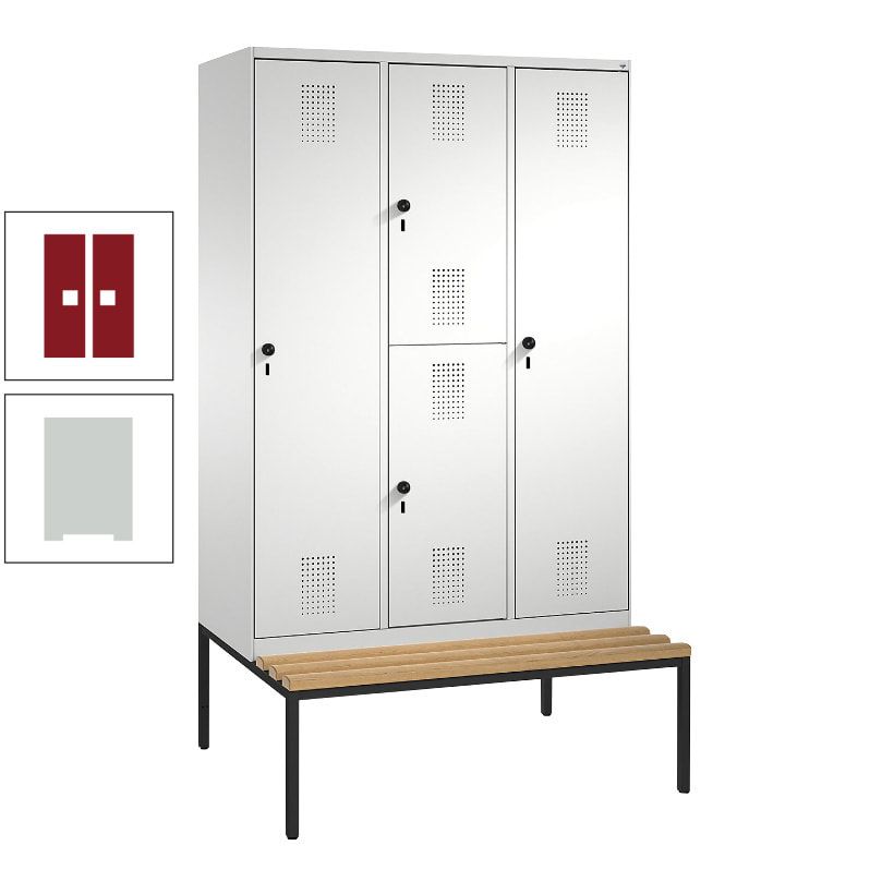 Garderobenschrank, Spind ein- und doppelstöckig Sitzbank, 3 Abteile, 4 Fächer, 2.090x1.200x500 mm (HxBxT), Front anthrazitgrau, Korpus anthrazitgrau