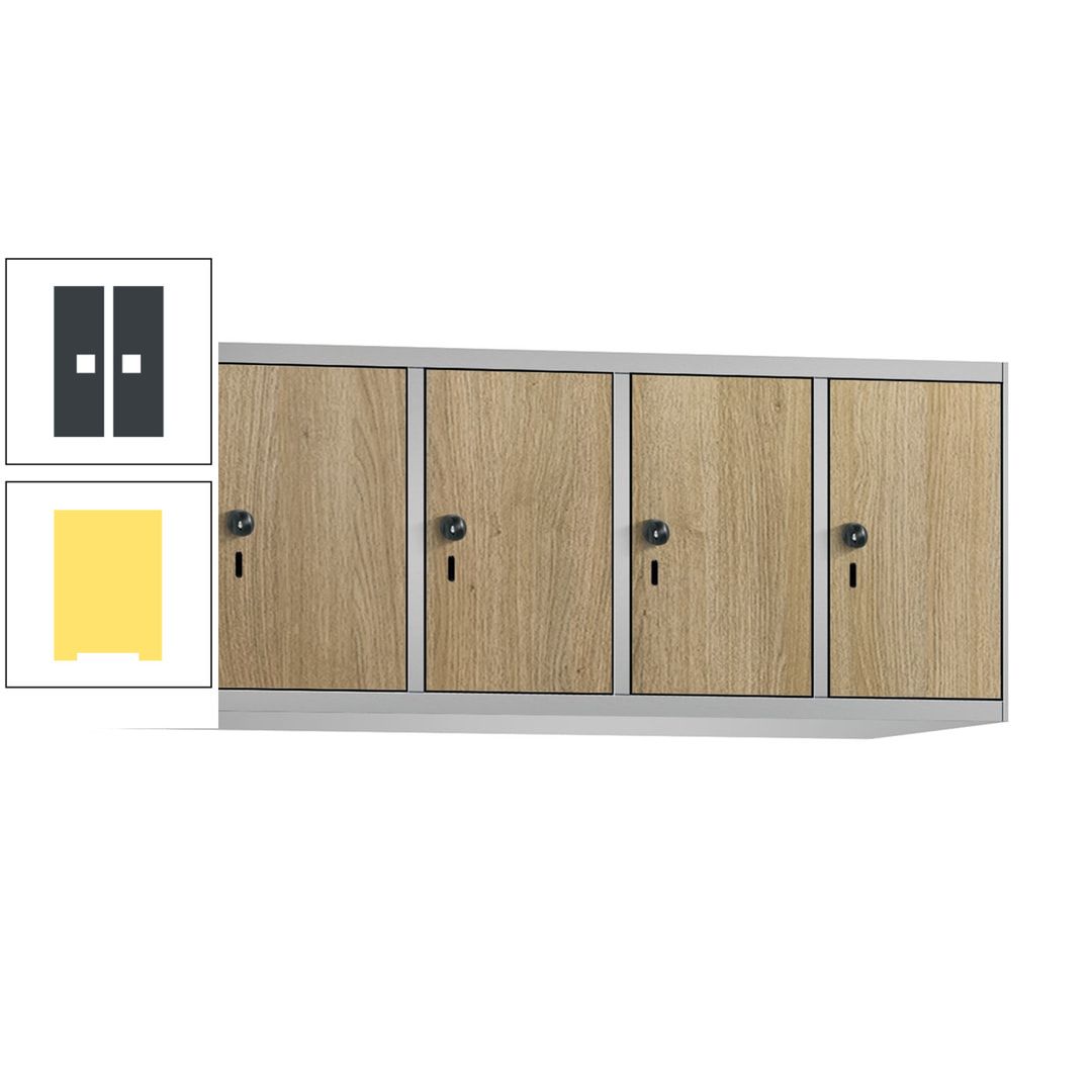 Aufsatzschrank, Schrankaufsatz, 4 Fächer a 300 mm, Farbe Pastellgelb, Tür anthrazitgrau, 500 x 1.200 x 500 mm (HxBxT)