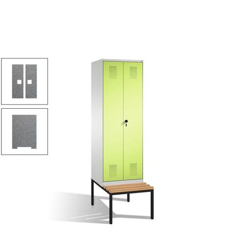 Doppel-Spind, Garderobenschrank, Buche Sitzbank untergebaut, 2 Abteile a 300 mm, Korpus anthrazitgrau, Tür anthrazitgrau, 2.090 x 600 x 815 mm (HxBxT)