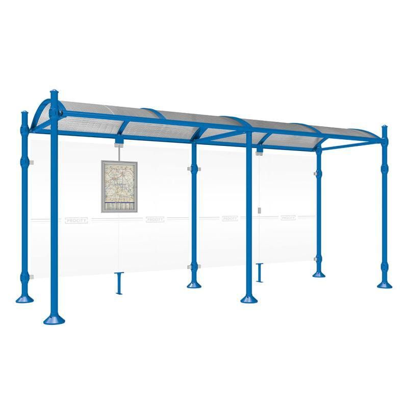 Buswartehalle, Unterstand, 2.500 x 2.500 x 1.600 mm (HxBxT), Kopfmodell Agora, ESG, Fahrplanschaukasten, Farbe enzianblau