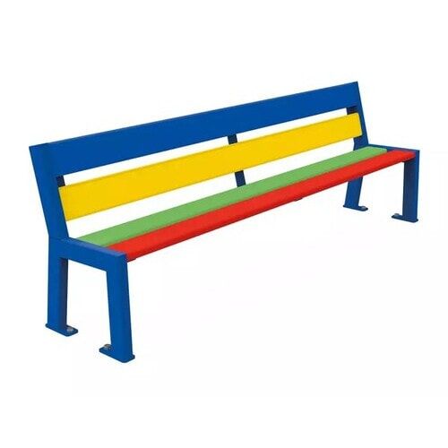 Kindersitzbank, Sitzbank 500 x 1.500 x 379 mm (HxBxT), Tropenholz mehrfarbig, Stahlguss verzinkt, beschichtet in enzianblau, auf Bodenplatten