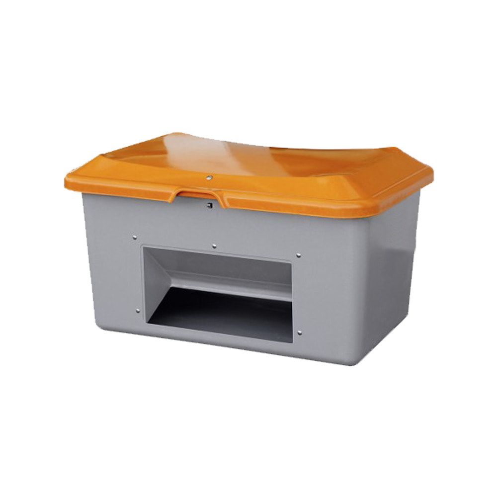 Streugutbehälter für Streusalz, Winterstreumittel, Futtermittel, mit Entnahmeöffnung, 200 l Volumen, 640 x 890 x 600 mm (HxBxT), grau/orange GFK