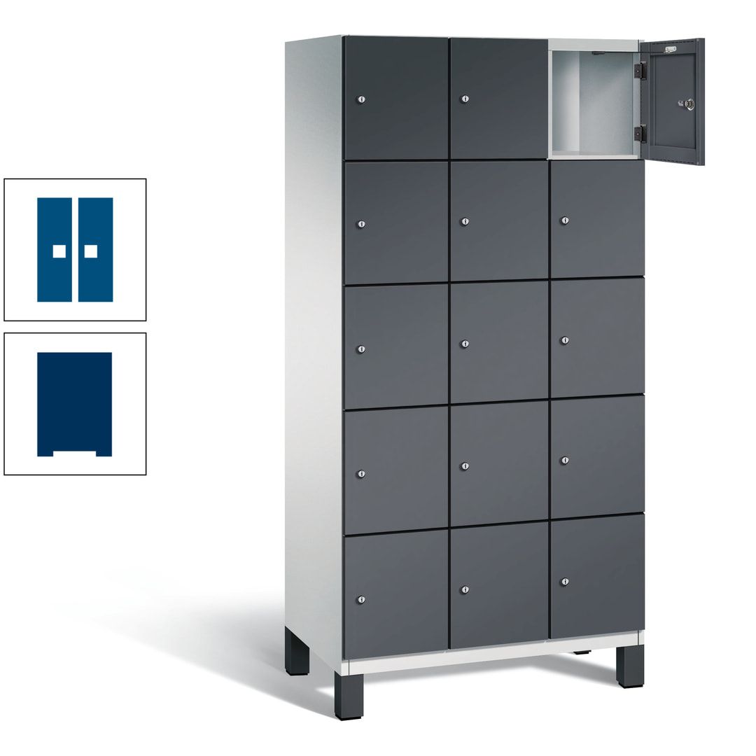 Fächerschrank, Stahlschrank, 15 Fächer, Türöffnungsbegrenzer, Füße, 1.980 x 900 x 525 mm (HxBxT), Korpus anthrazitgrau, Front anthrazitgrau
