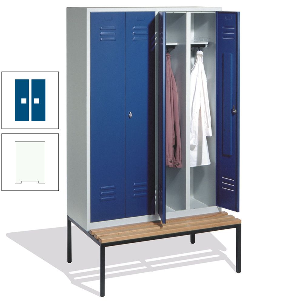 Doppel-Spindschrank, Buche Sitzbank untergebaut, 4 Abteile a 300 mm, Korpus lichtgrau, Tür anthrazitgrau, 2.090 x 1.190 x 815 mm (HxBxT)