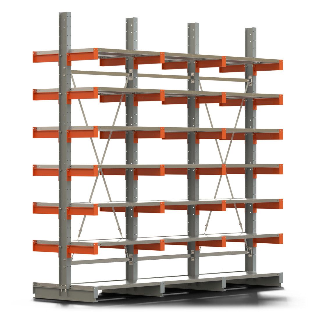 Doppelseitiges Kragarmregal mit Fachböden, 2 Felder, 3.000 x 2.000 (HxB), Nutztiefe 1.000 mm, Kragarmlast 450 kg, KARL basic, silbergrau/reinorange