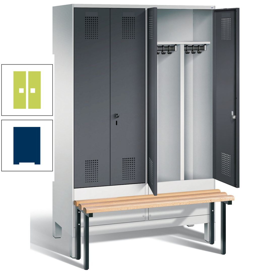 Doppel-Spind, Garderobenschrank, Buche Sitzbank vorgebaut, 4 Abteile a 300 mm, Korpus feuerrot, Tür Wasserblau, 1.850 x 1.200 x 815 mm (HxBxT)