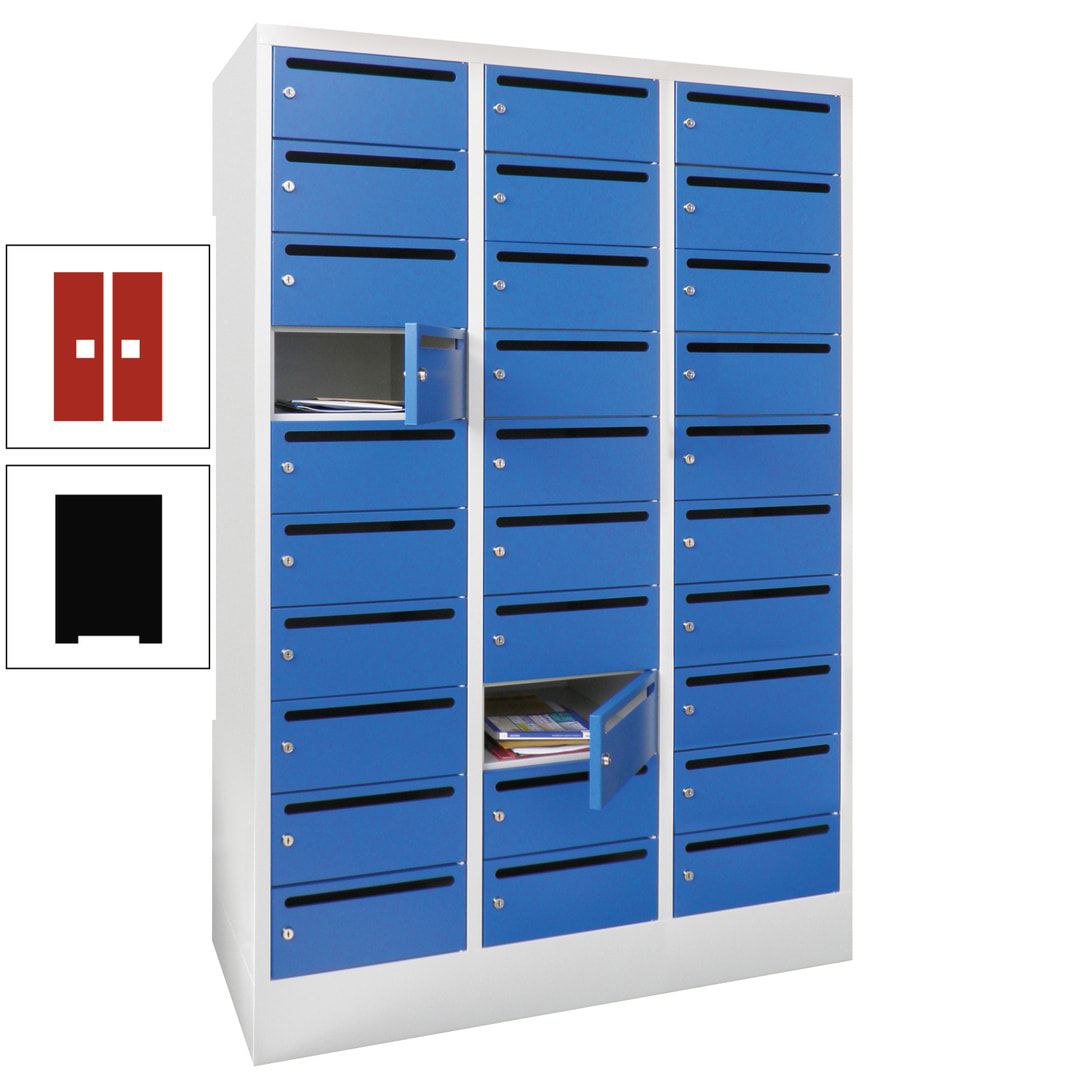 Postverteilerschrank, Schließfachschrank, 3 Abteile a 300 mm, 30 Fächer, 1.850 x 900 x 500 mm (HxBxT), Korpus anthrazitgrau, Front anthrazitgrau