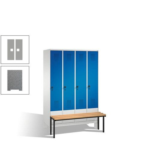 Stahl-Garderobenschrank, Spind, Buche Sitzbank vorgebaut, 4 Abteile a 300 mm, Korpus Lichtgrün, Tür Schwefelgelb, 1.850 x 1.200 x 815 mm (HxBxT)