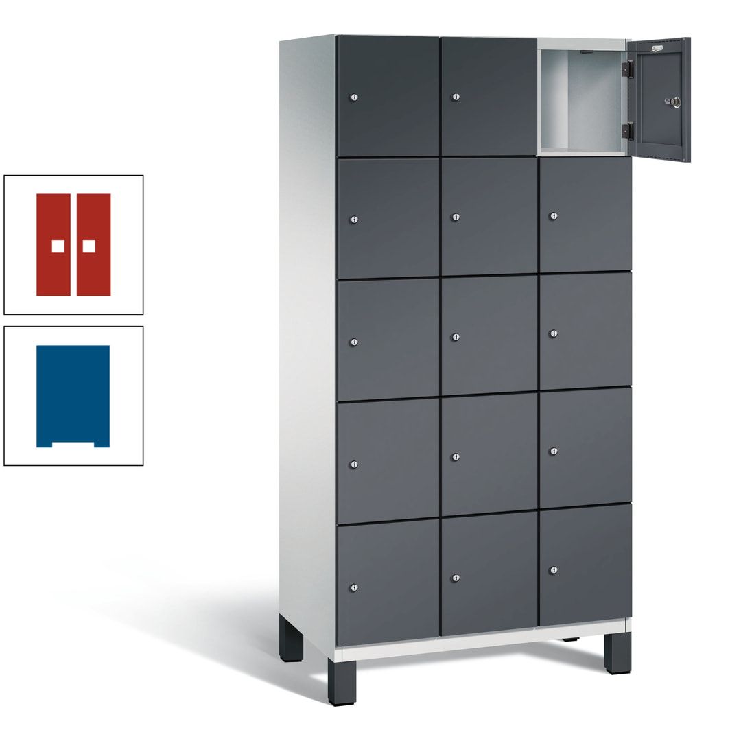 Fächerschrank, Stahlschrank, 15 Fächer, Türöffnungsbegrenzer, Füße, 1.980 x 900 x 525 mm (HxBxT), Korpus anthrazitgrau, Front anthrazitgrau