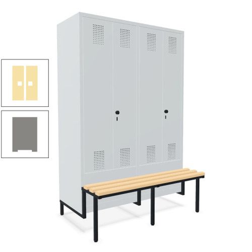 Doppel-Spind, Garderobenschrank, Buche Sitzbank integriert, 4 Abteile 300 mm, Korpus anthrazitgrau, Tür anthrazitgrau, 1.850 x 1.200 x 815 mm (HxBxT)