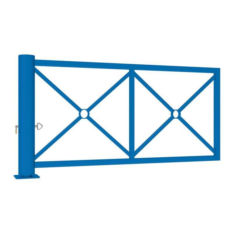 Drehschranke, Schlagbaum, mit Dekoelement, Drehachse, arretierbar, Stahlrohr, 2.010 mm breit, Farbe enzianblau