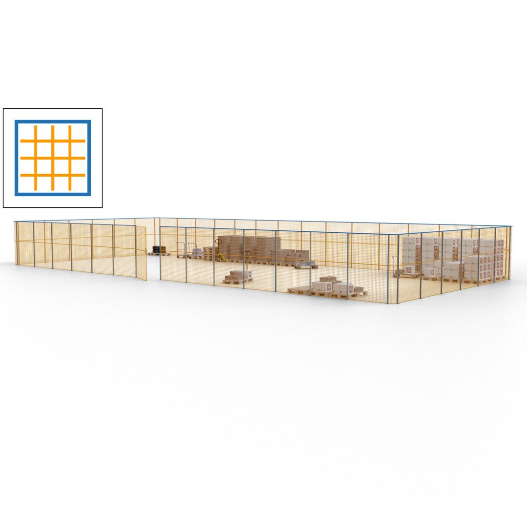 Maschinen Schutzgitter - Hallentrennwand - Sicherheitszaun - Tür - 60 m - 2.200 x 21.400 x 9.400 mm (HxBxT) - enzianblau