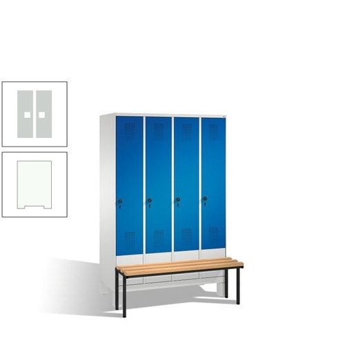 Stahl-Garderobenschrank, Spind, Buche Sitzbank vorgebaut, 4 Abteile a 300 mm, Korpus Lichtgrün, Tür Schwefelgelb, 1.850 x 1.200 x 815 mm (HxBxT)