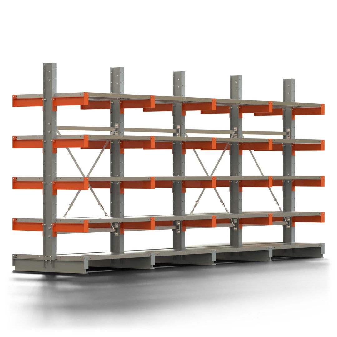 Doppelseitiges Kragarmregal mit Fachböden, 2 Felder, 2.000 x 2.000 (HxB), Nutztiefe 1.000 mm, Kragarmlast 450 kg, KARL basic, silbergrau/reinorange