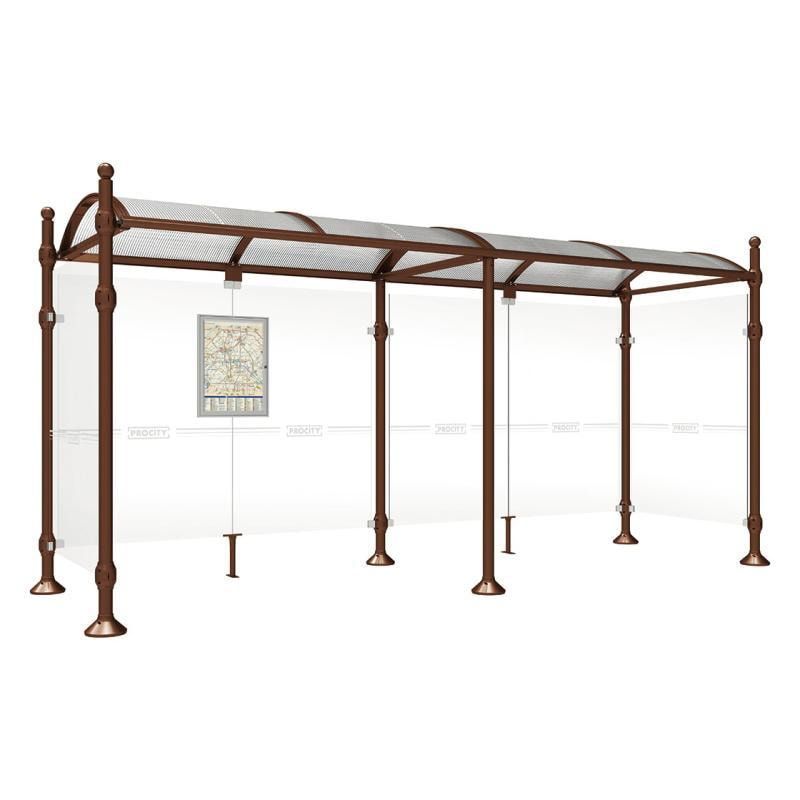 Buswartehalle, Unterstand, 2 Seitenwände, Kopf gebürsteter Edelstahl, ESG, Fahrplanschaukasten, 2.500 x 2.500 x 1.600 mm (HxBxT), Farbe enzianblau