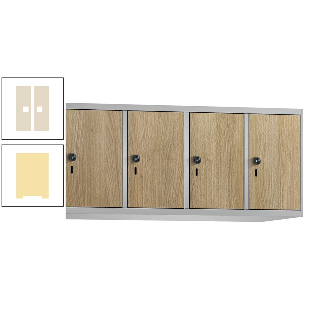 Aufsatzschrank, Schrankaufsatz, 4 Fächer a 300 mm, Farbe Pastellgelb, Tür anthrazitgrau, 500 x 1.200 x 500 mm (HxBxT)