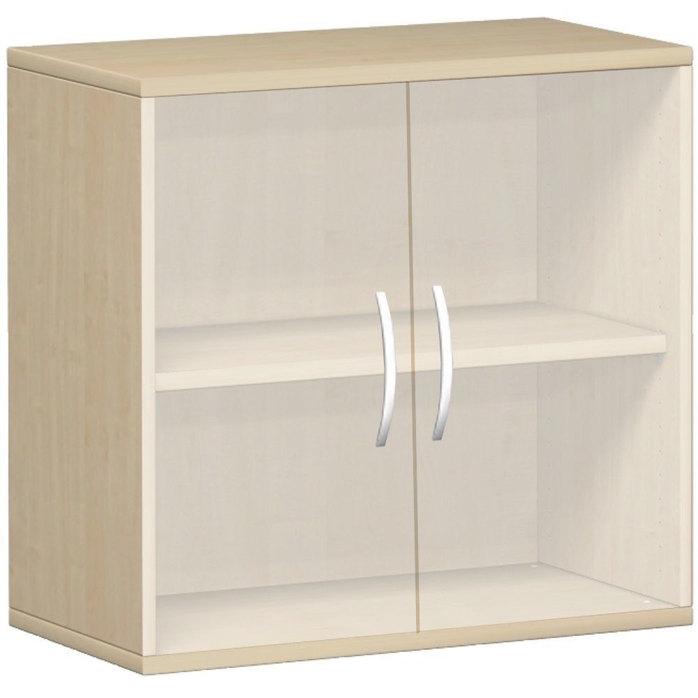 Flügeltürenschrank, rahmenlose Glastüren satiniert, 2 Ordnerhöhen, 1 Einlegeboden, 768 x 800 x 425 mm (HxBxT), Korpusfarbe Ahorn