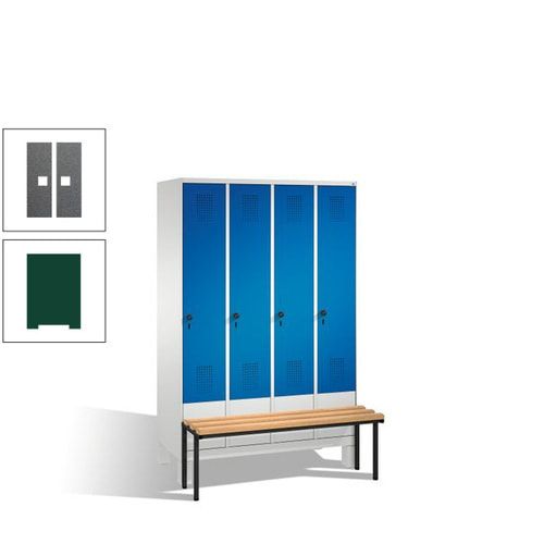 Stahl-Garderobenschrank, Spind, Buche Sitzbank vorgebaut, 4 Abteile a 300 mm, Korpus Lichtgrün, Tür Schwefelgelb, 1.850 x 1.200 x 815 mm (HxBxT)