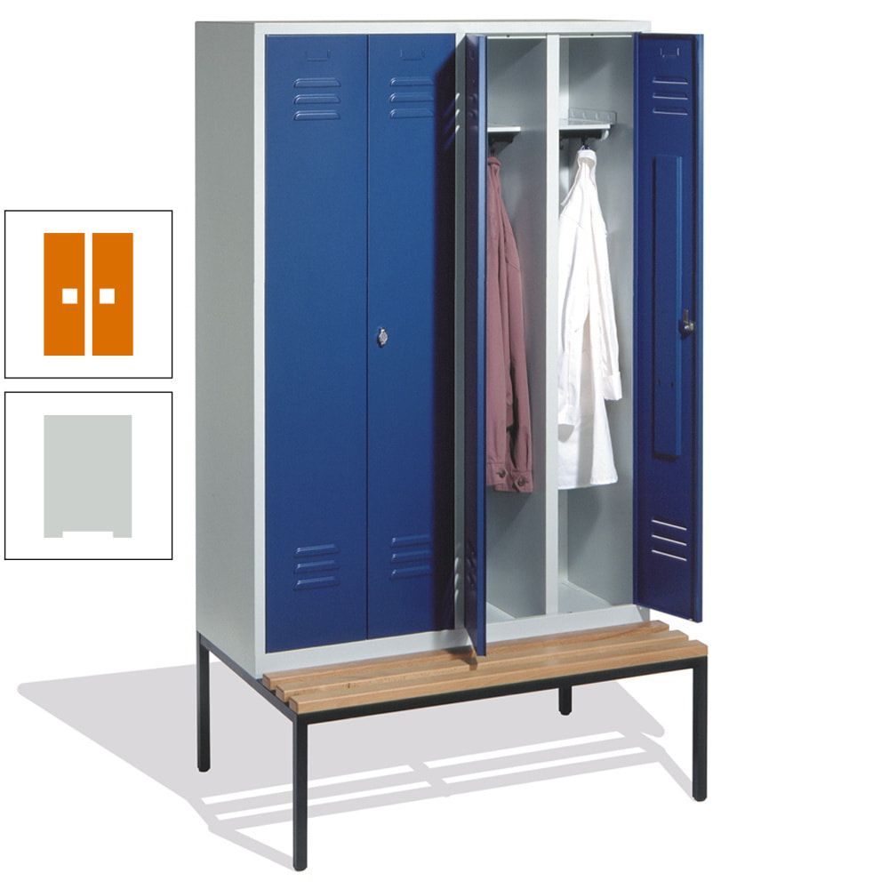 Doppel-Spindschrank, Buche Sitzbank untergebaut, 4 Abteile a 300 mm, Korpus lichtgrau, Tür anthrazitgrau, 2.090 x 1.190 x 815 mm (HxBxT)