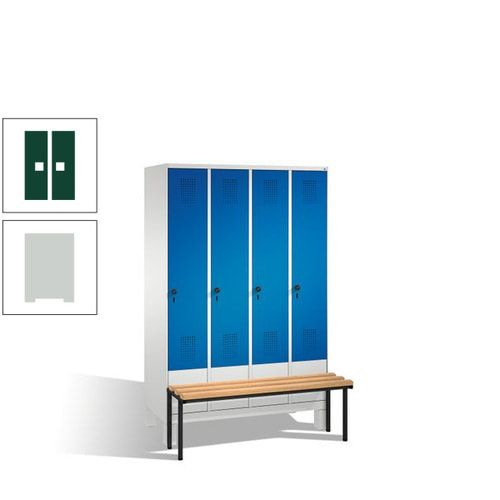 Stahl-Garderobenschrank, Spind, Buche Sitzbank vorgebaut, 4 Abteile a 300 mm, Korpus Lichtgrün, Tür Schwefelgelb, 1.850 x 1.200 x 815 mm (HxBxT)