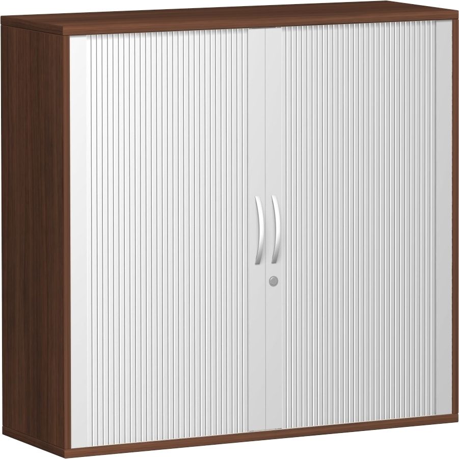 Querrollladenschrank, Dekoreinlageboden, Metallsockel/Standfüße, abschließbar, 1.152 x 1.000 x 425 mm (HxBxT), Korpusfarbe Ahorn, Frontfarbe silber