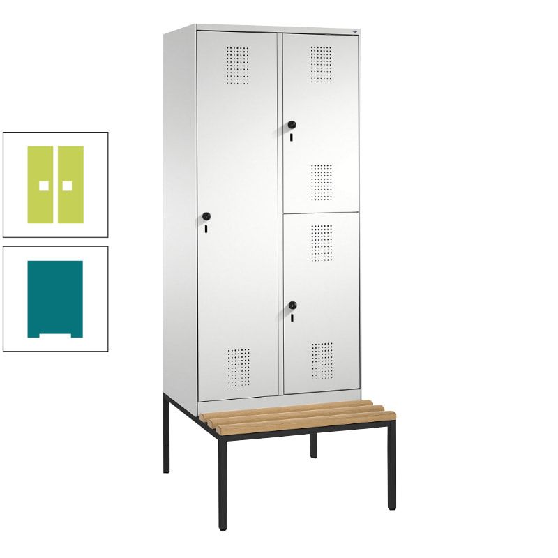 Garderobenschrank, Spind ein- und doppelstöckig Sitzbank, 2 Abteile, 3 Fächer, 2.090 x 800 x 500 mm (HxBxT), Front anthrazitgrau, Korpus anthrazitgrau