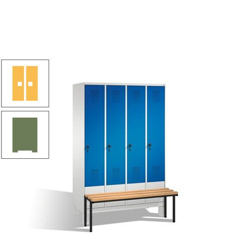 Stahl-Garderobenschrank, Spind, Buche Sitzbank vorgebaut, 4 Abteile a 300 mm, Korpus Lichtgrün, Tür Schwefelgelb, 1.850 x 1.200 x 815 mm (HxBxT)