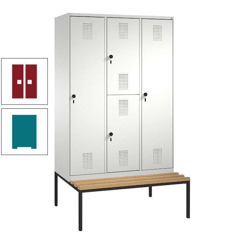 Garderobenschrank, Spind ein- und doppelstöckig Sitzbank, 3 Abteile, 4 Fächer, 2.090x1.200x500 mm (HxBxT), Front anthrazitgrau, Korpus anthrazitgrau