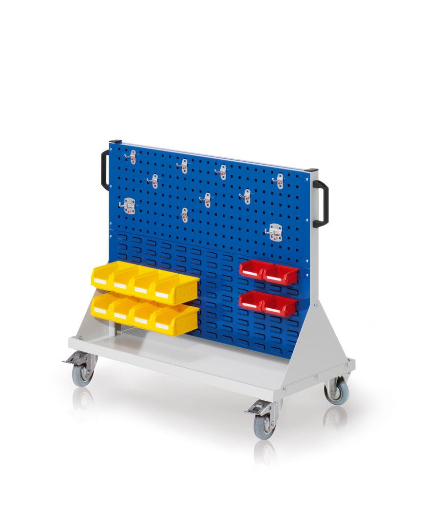 Mobiler Rollwagen, 2 Loch- und 2 Schlitzplatten, 10 Halter, 12 Sichtlagerkästen, 890 x 1.000 x 500 mm (HxBxT), Anthrazitgrau (RAL 7016)