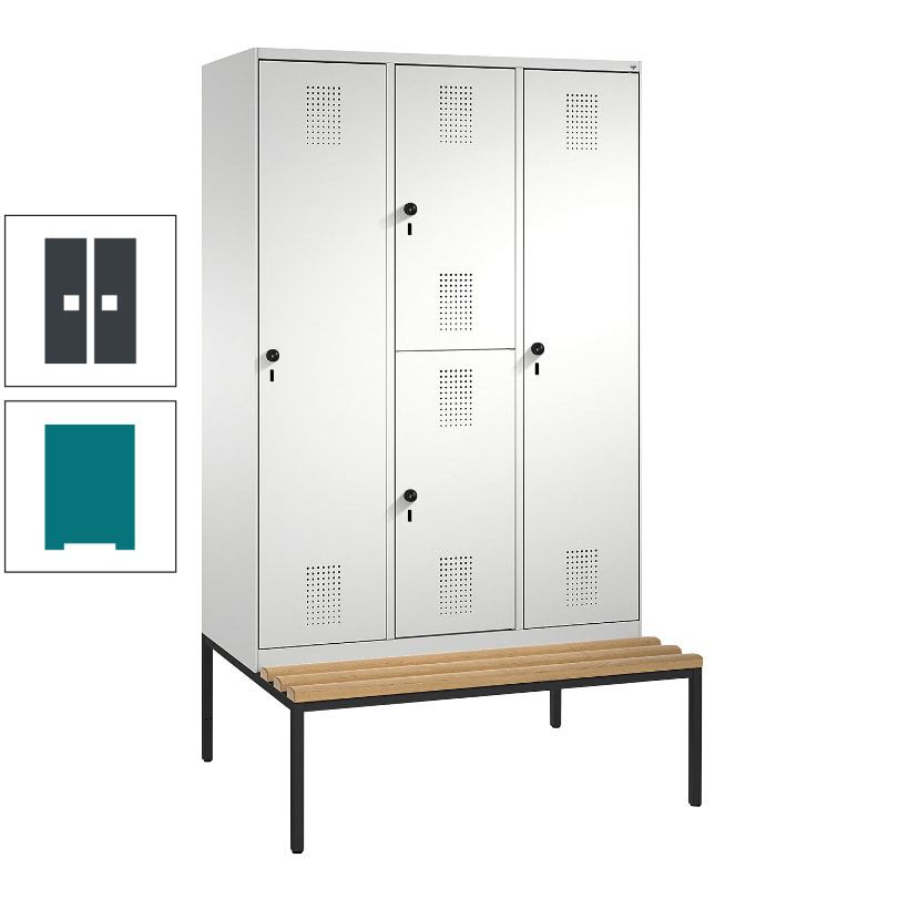Garderobenschrank, Spind ein- und doppelstöckig Sitzbank, 3 Abteile, 4 Fächer, 2.090x1.200x500 mm (HxBxT), Front anthrazitgrau, Korpus anthrazitgrau