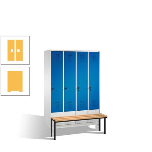 Stahl-Garderobenschrank, Spind, Buche Sitzbank vorgebaut, 4 Abteile a 300 mm, Korpus Lichtgrün, Tür Schwefelgelb, 1.850 x 1.200 x 815 mm (HxBxT)