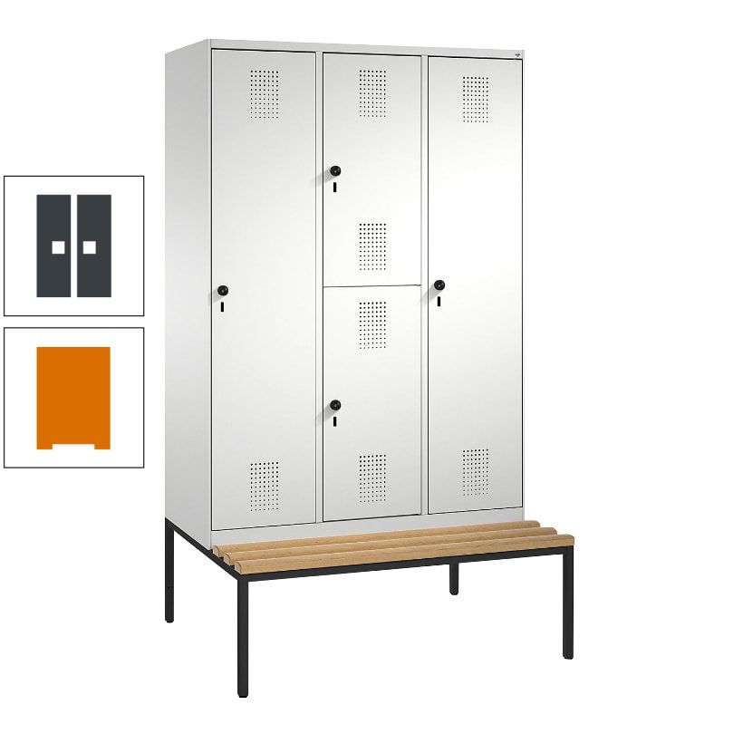 Garderobenschrank, Spind ein- und doppelstöckig Sitzbank, 3 Abteile, 4 Fächer, 2.090x1.200x500 mm (HxBxT), Front anthrazitgrau, Korpus anthrazitgrau