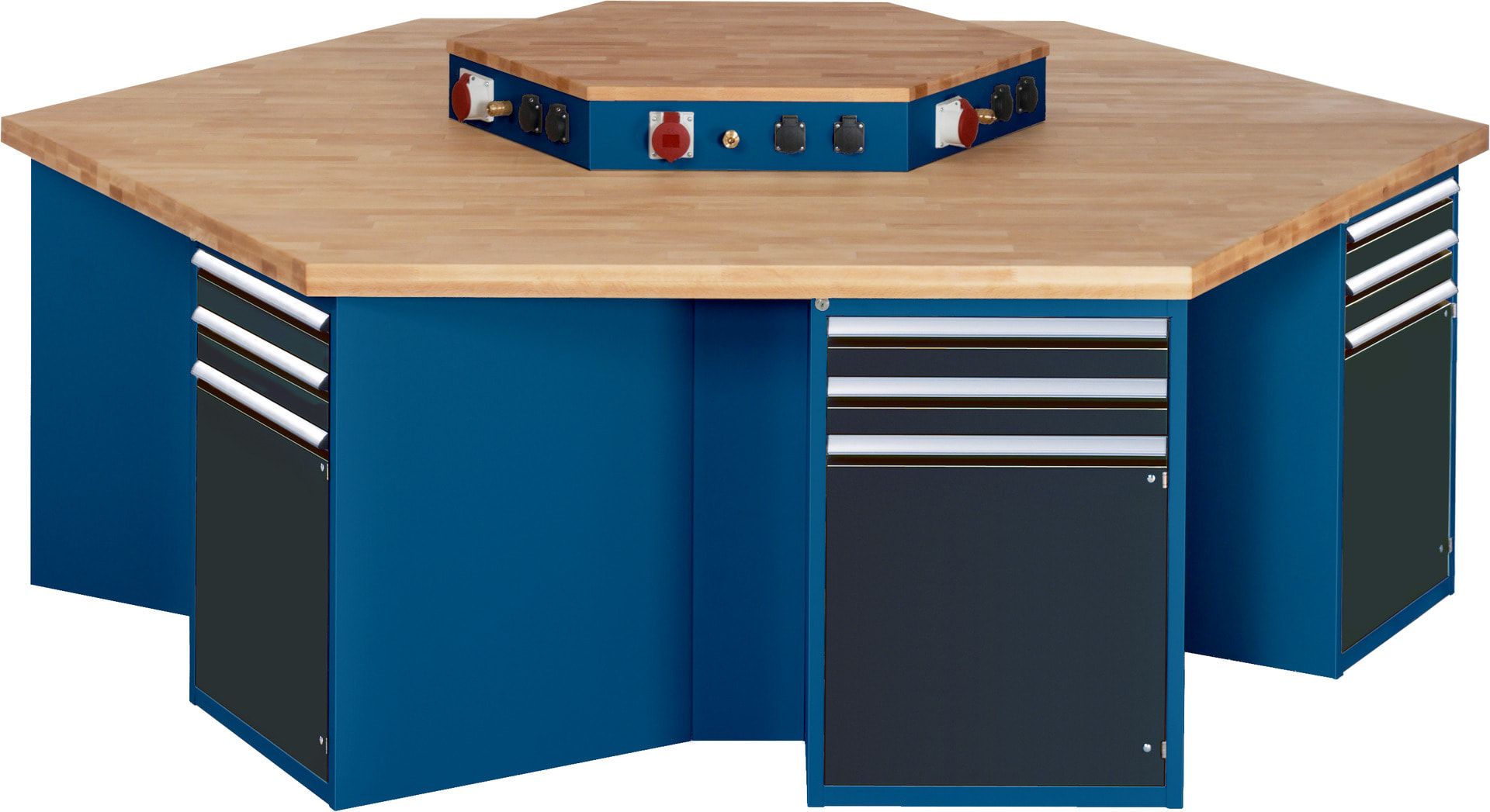 Gruppenwerkbank, Buche, Höhe 840 mm, mit Energieaufsatz, Unterbau-Container, 2 Schubladen, 1 Tür, 1 Boden - Anthrazitgrau