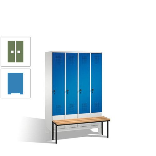 Stahl-Garderobenschrank, Spind, Buche Sitzbank vorgebaut, 4 Abteile a 300 mm, Korpus Lichtgrün, Tür Schwefelgelb, 1.850 x 1.200 x 815 mm (HxBxT)