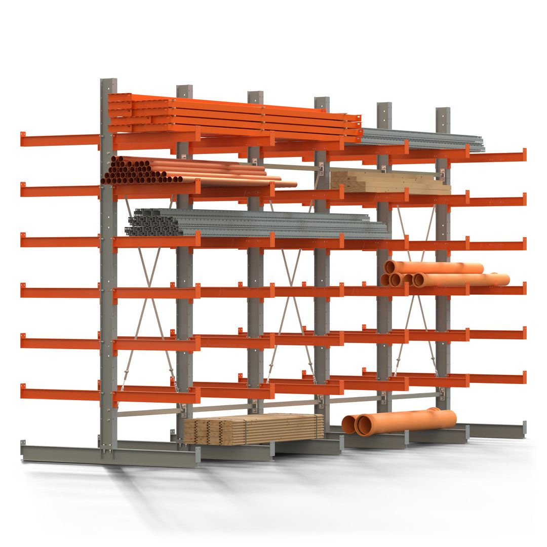Doppelseitiges Kragarmregal, 2 Felder, 3.000 x 2.000 x 1.120 mm (HxBxT), Nutztiefe 500 mm, Kragarmlast 870 kg, KARL basic, silbergrau/reinorange