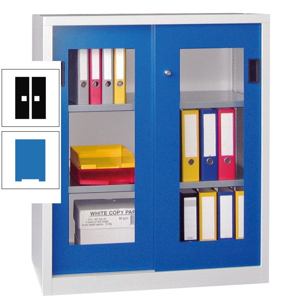 Schiebetürenschrank - Sichtfenstertüren - 1.000x1.000x400 mm (HxBxT) - 2 Böden, gepulvert - Zylinderschloss - anthrazitgrau