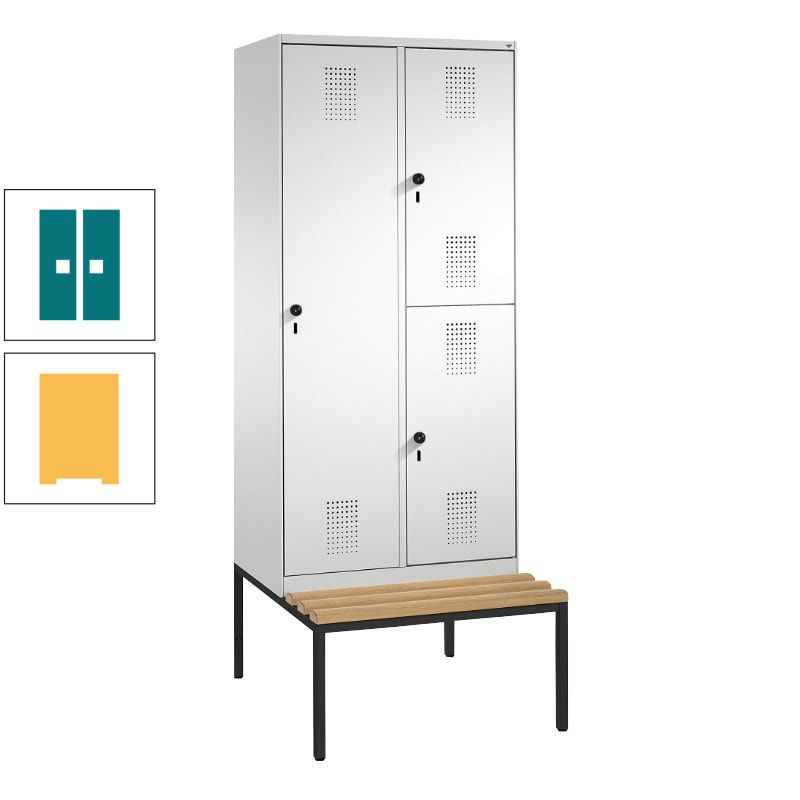 Garderobenschrank, Spind ein- und doppelstöckig Sitzbank, 2 Abteile, 3 Fächer, 2.090 x 800 x 500 mm (HxBxT), Front anthrazitgrau, Korpus anthrazitgrau