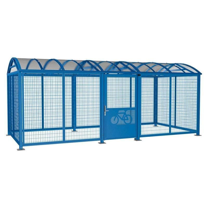 Fahrradüberdachung, Fahrradhaus, Unterstand, Digitalschloss, zentrale Tür, Stahlgitter, 2.640 x 6.250 x 2.830 mm (HxBxT), enzianblau (RAL 5010)