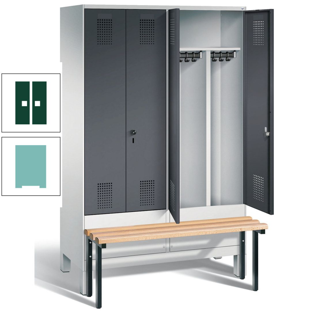 Doppel-Spind, Garderobenschrank, Buche Sitzbank vorgebaut, 4 Abteile a 300 mm, Korpus feuerrot, Tür Wasserblau, 1.850 x 1.200 x 815 mm (HxBxT)