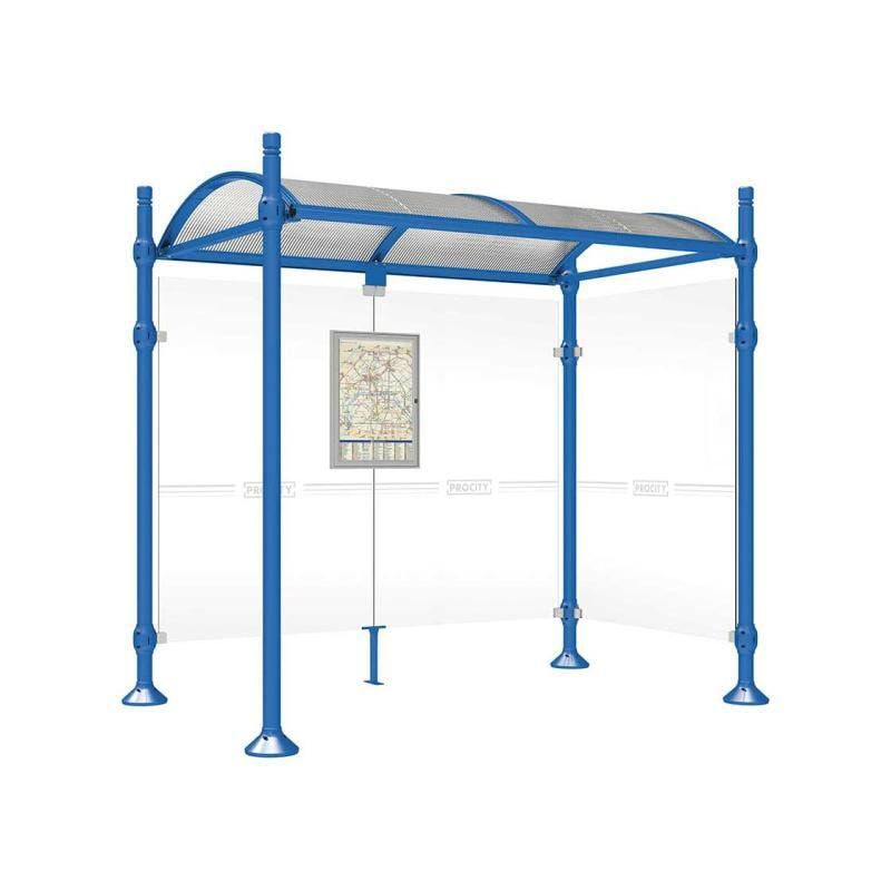 Buswartehalle, Unterstand, 2 Seitenwände, Kopf gebürsteter Edelstahl, ESG, Fahrplanschaukasten, 2.500 x 2.500 x 1.600 mm (HxBxT), Farbe enzianblau