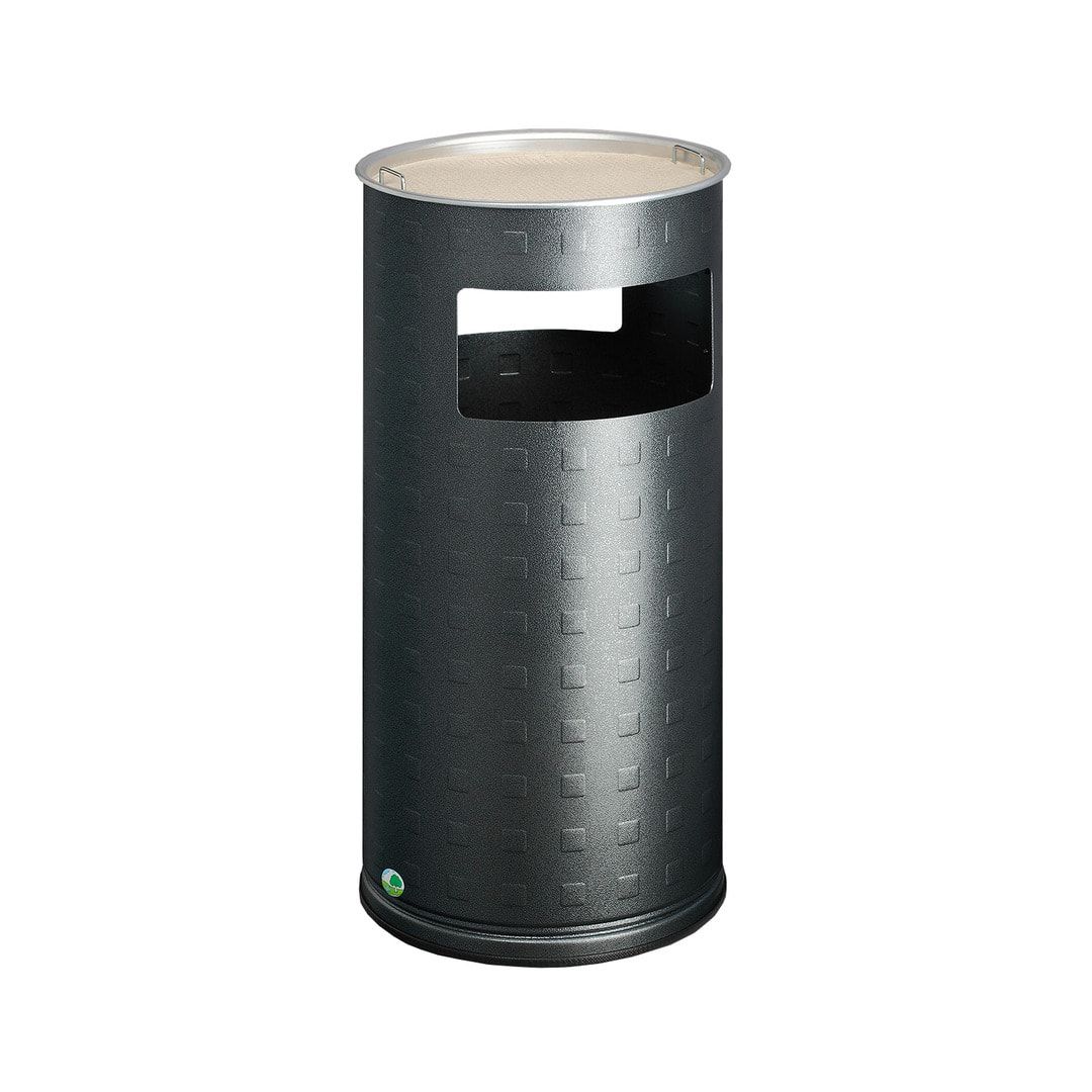 Abfallsammler mit Ascher - rund - Aluminium - Volumen 37 l - 700 x 320 x 320 mm (HxBxT) - Antik silber, geprägt