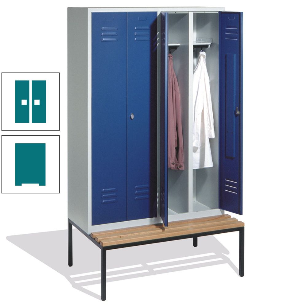 Doppel-Spindschrank, Buche Sitzbank untergebaut, 4 Abteile a 300 mm, Korpus lichtgrau, Tür anthrazitgrau, 2.090 x 1.190 x 815 mm (HxBxT)